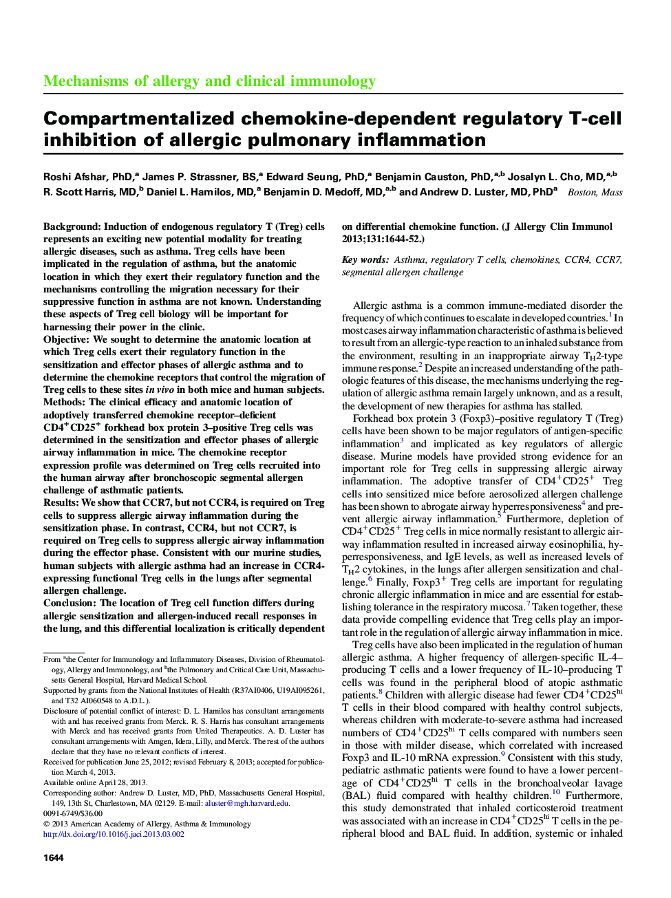 Compartmentalized chemokine-dependent regulatory T-cell inhibition of allergic pulmonary inflammation