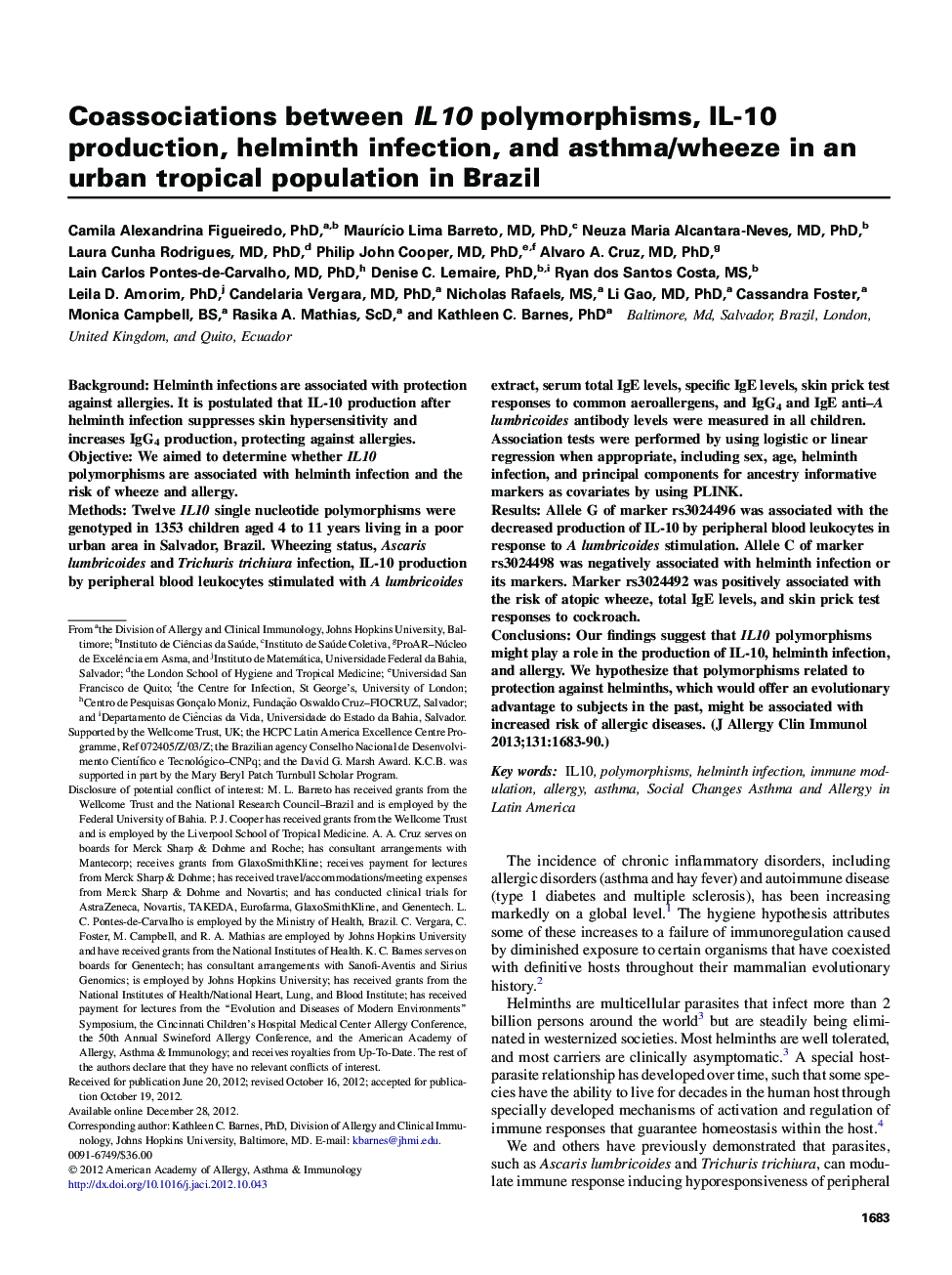 Coassociations between IL10 polymorphisms, IL-10 production, helminth infection, and asthma/wheeze in an urban tropical population in Brazil 