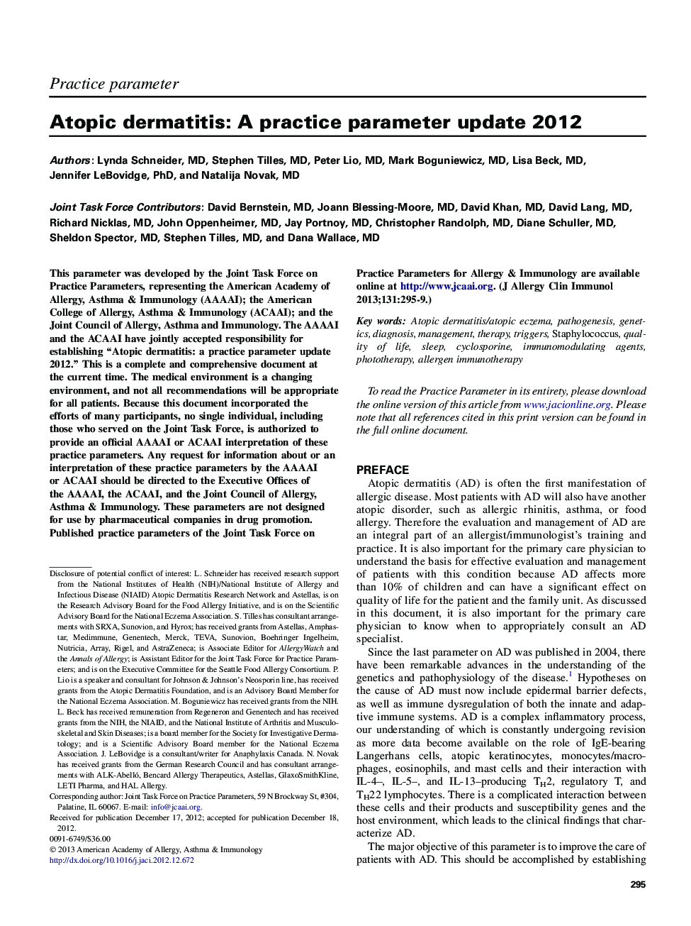 Atopic dermatitis: AÂ practice parameter update 2012