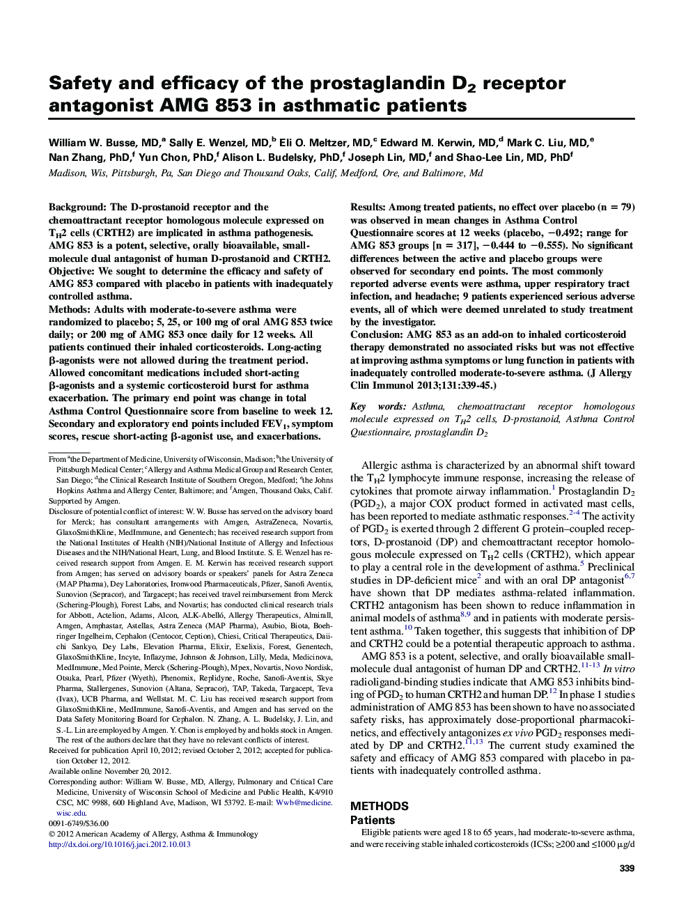 Safety and efficacy of the prostaglandin D2 receptor antagonist AMG 853 in asthmatic patients 