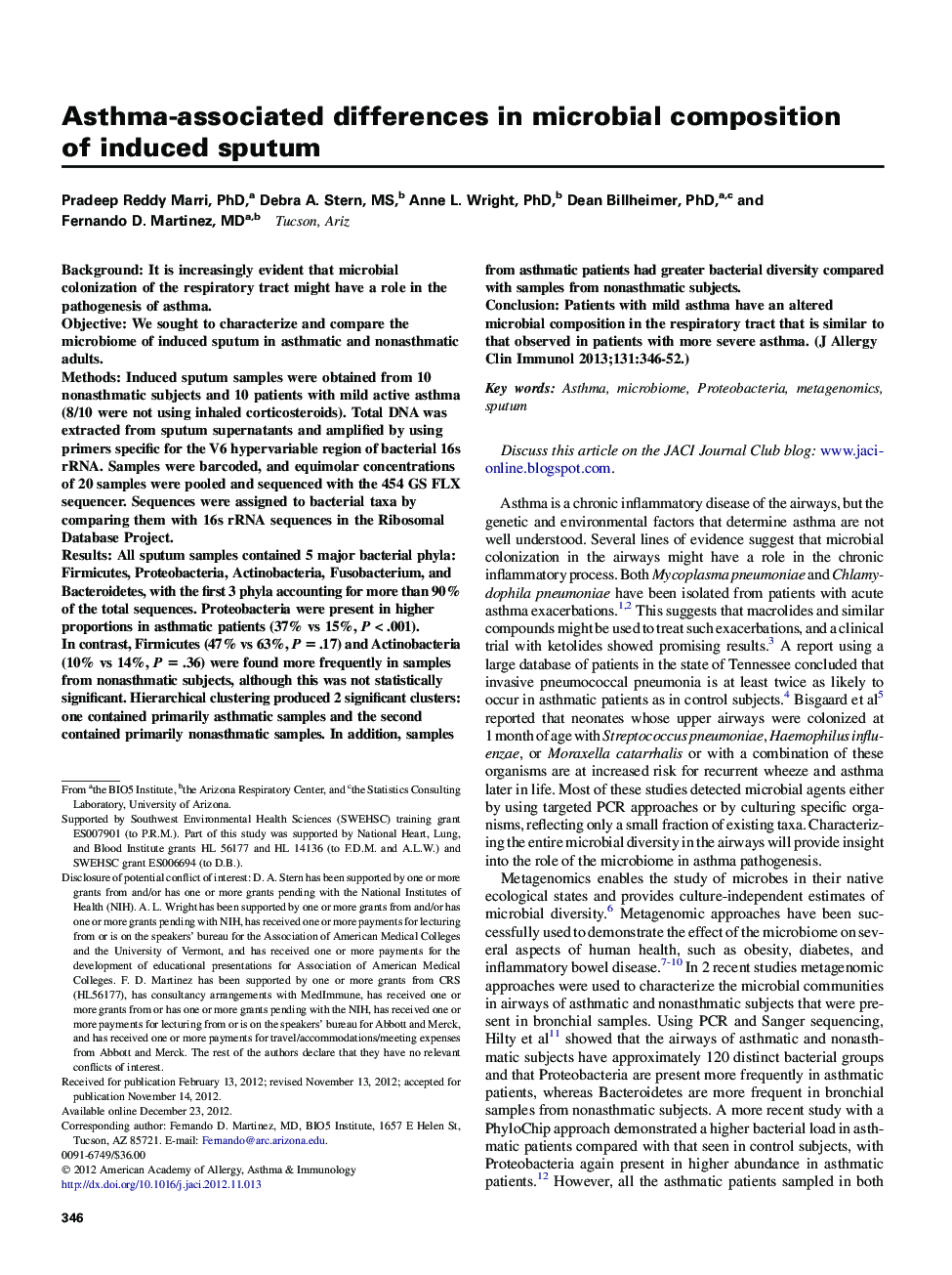 Asthma-associated differences in microbial composition of induced sputum