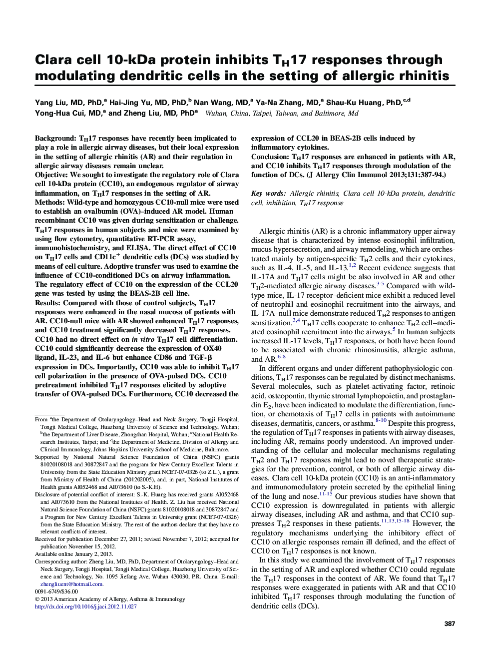 Clara cell 10-kDa protein inhibits TH17 responses through modulating dendritic cells in the setting of allergic rhinitis