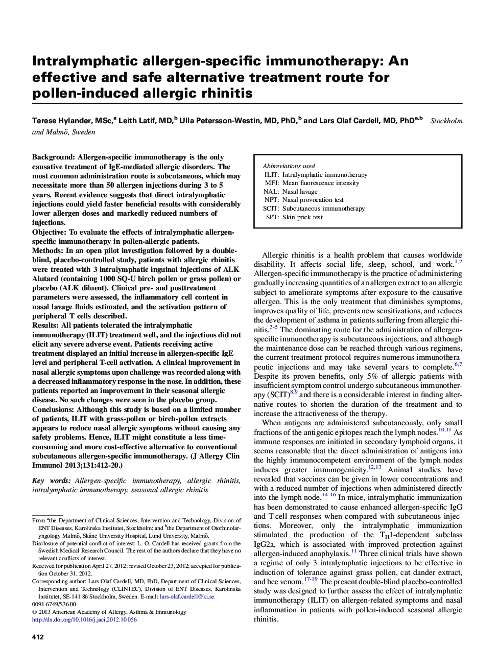 Intralymphatic allergen-specific immunotherapy: An effective and safe alternative treatment route for pollen-induced allergic rhinitis 