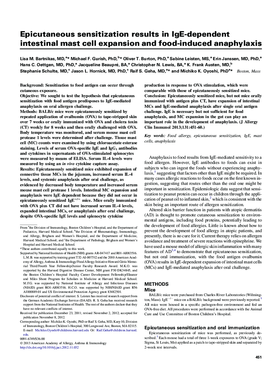 Epicutaneous sensitization results in IgE-dependent intestinal mast cell expansion and food-induced anaphylaxis