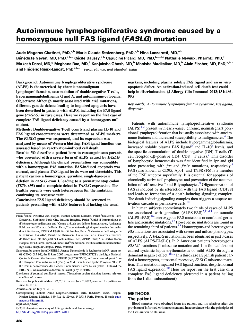 Autoimmune lymphoproliferative syndrome caused by a homozygous null FAS ligand (FASLG) mutation 