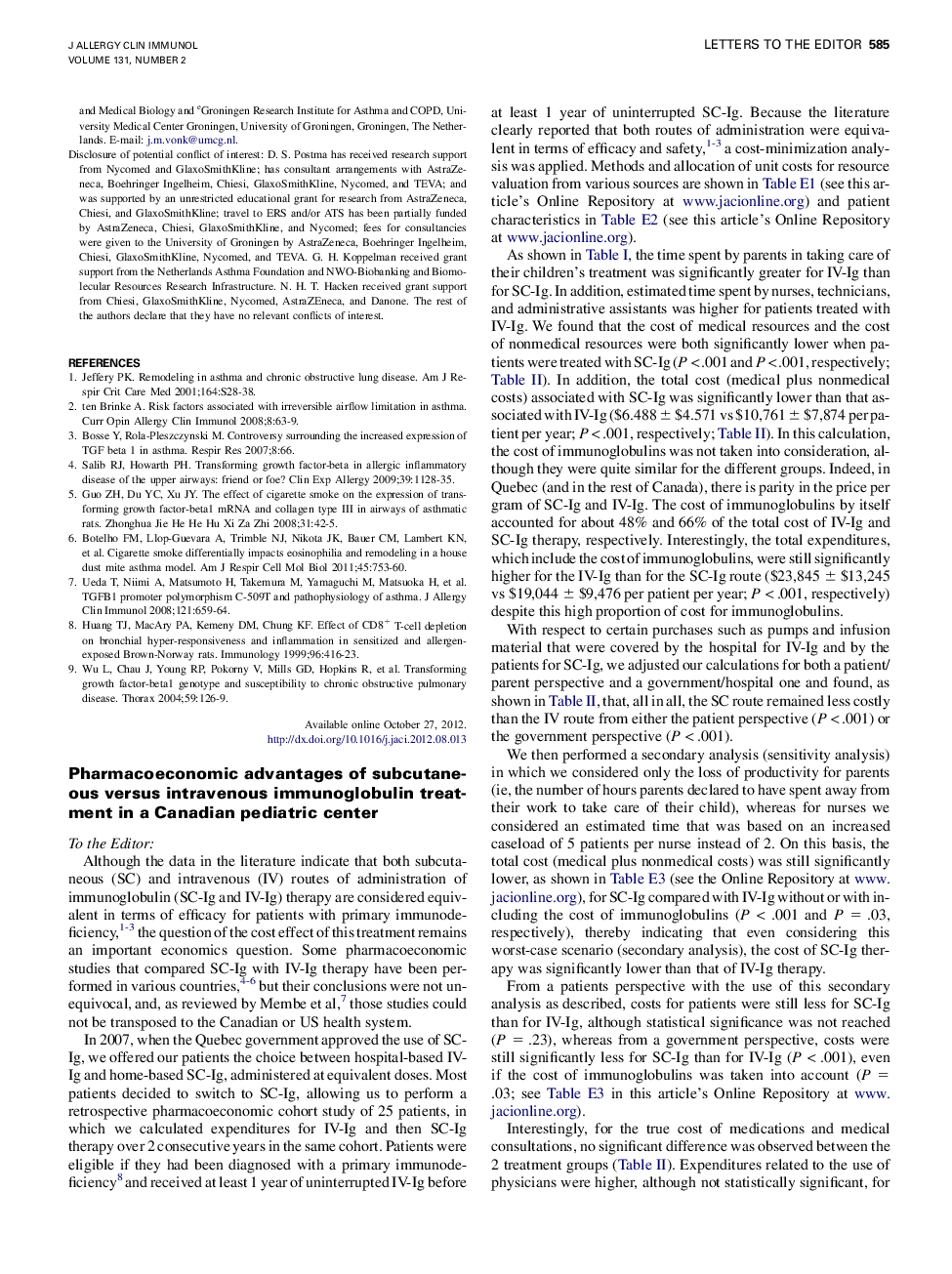 Pharmacoeconomic advantages of subcutaneous versus intravenous immunoglobulin treatment in a Canadian pediatric center