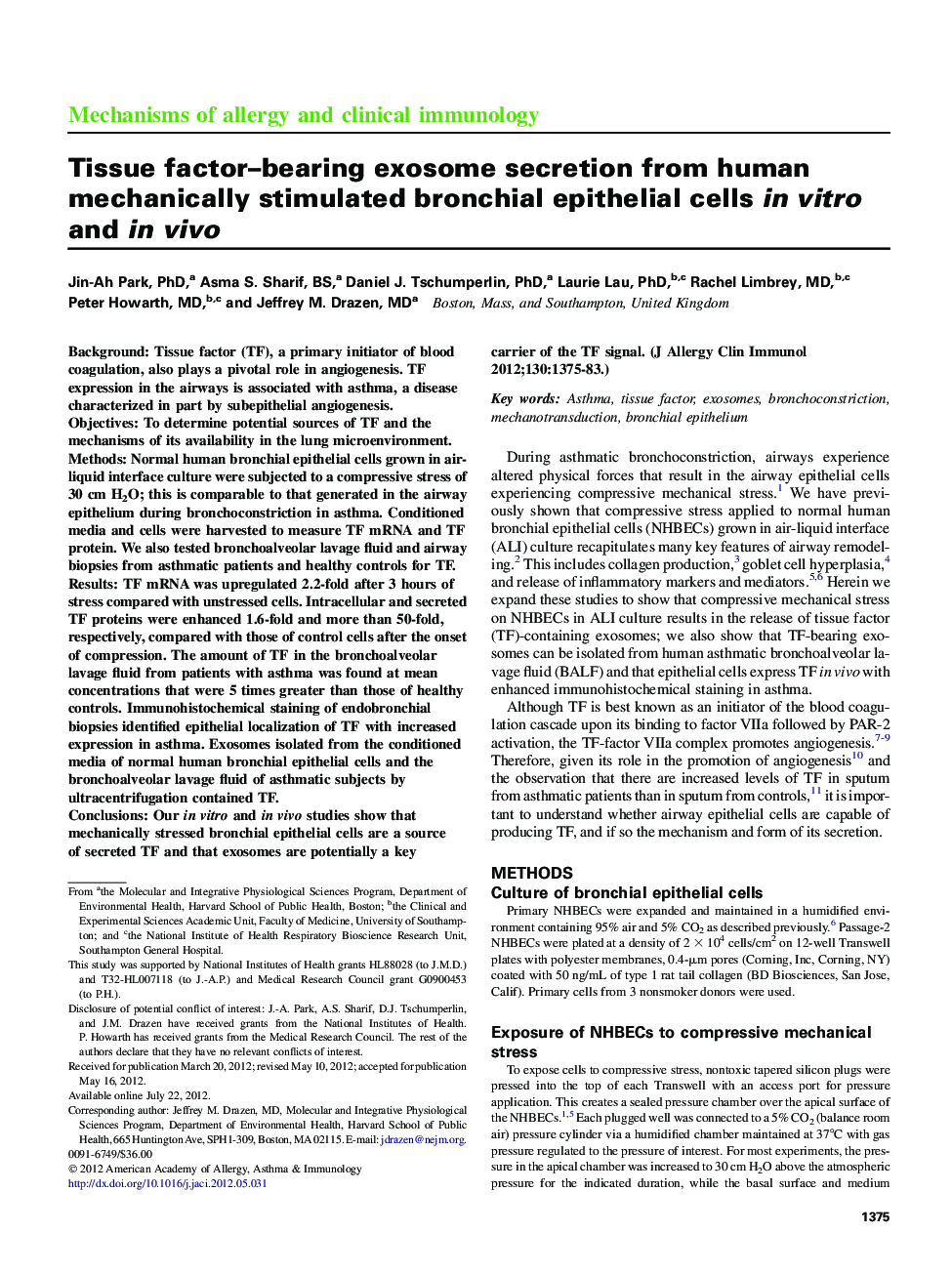 Tissue factor–bearing exosome secretion from human mechanically stimulated bronchial epithelial cells in vitro and in vivo 