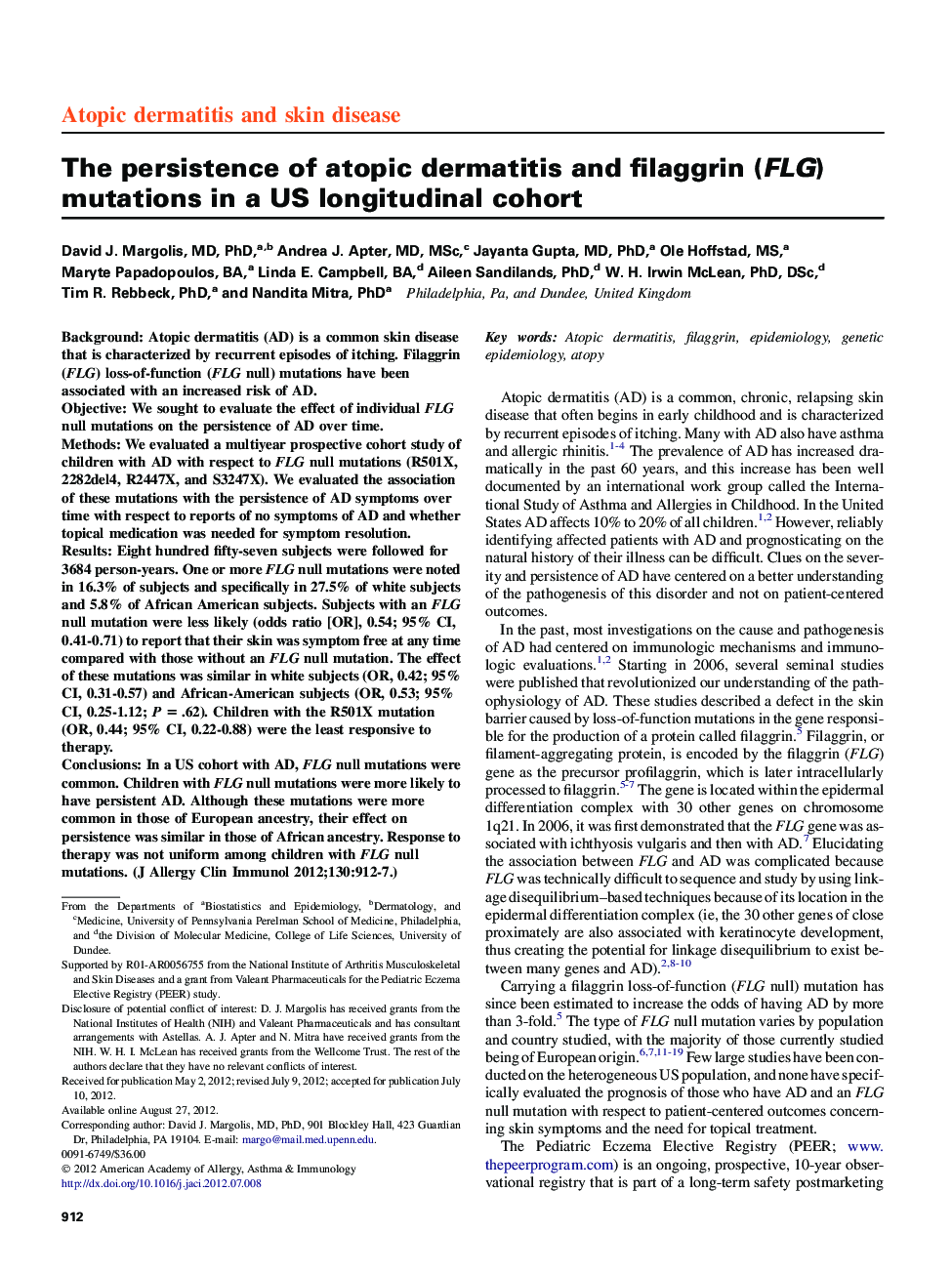 The persistence of atopic dermatitis and filaggrin (FLG) mutations in a US longitudinal cohort 