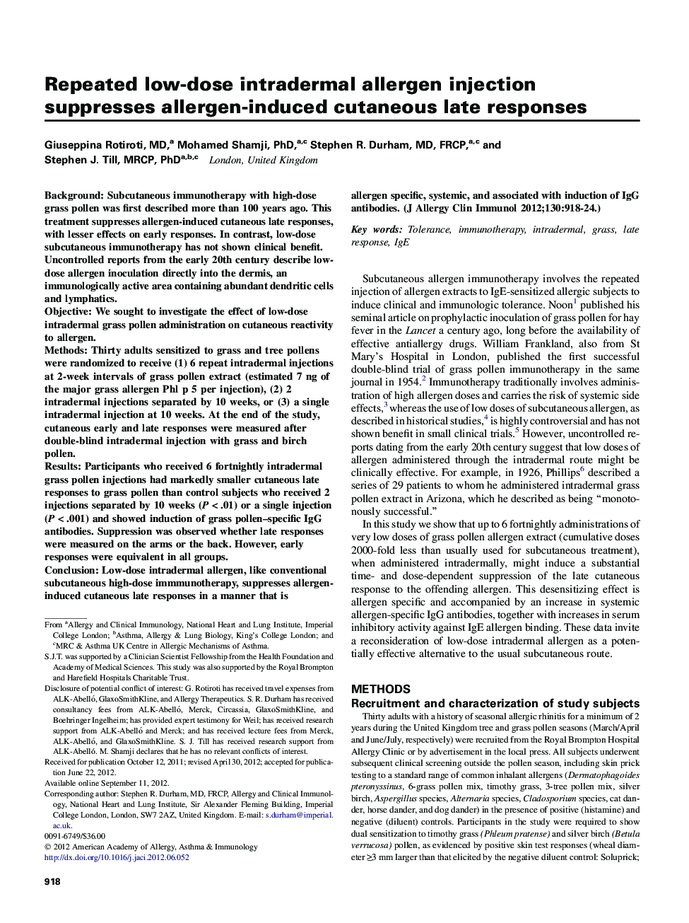 Repeated low-dose intradermal allergen injection suppresses allergen-induced cutaneous late responses