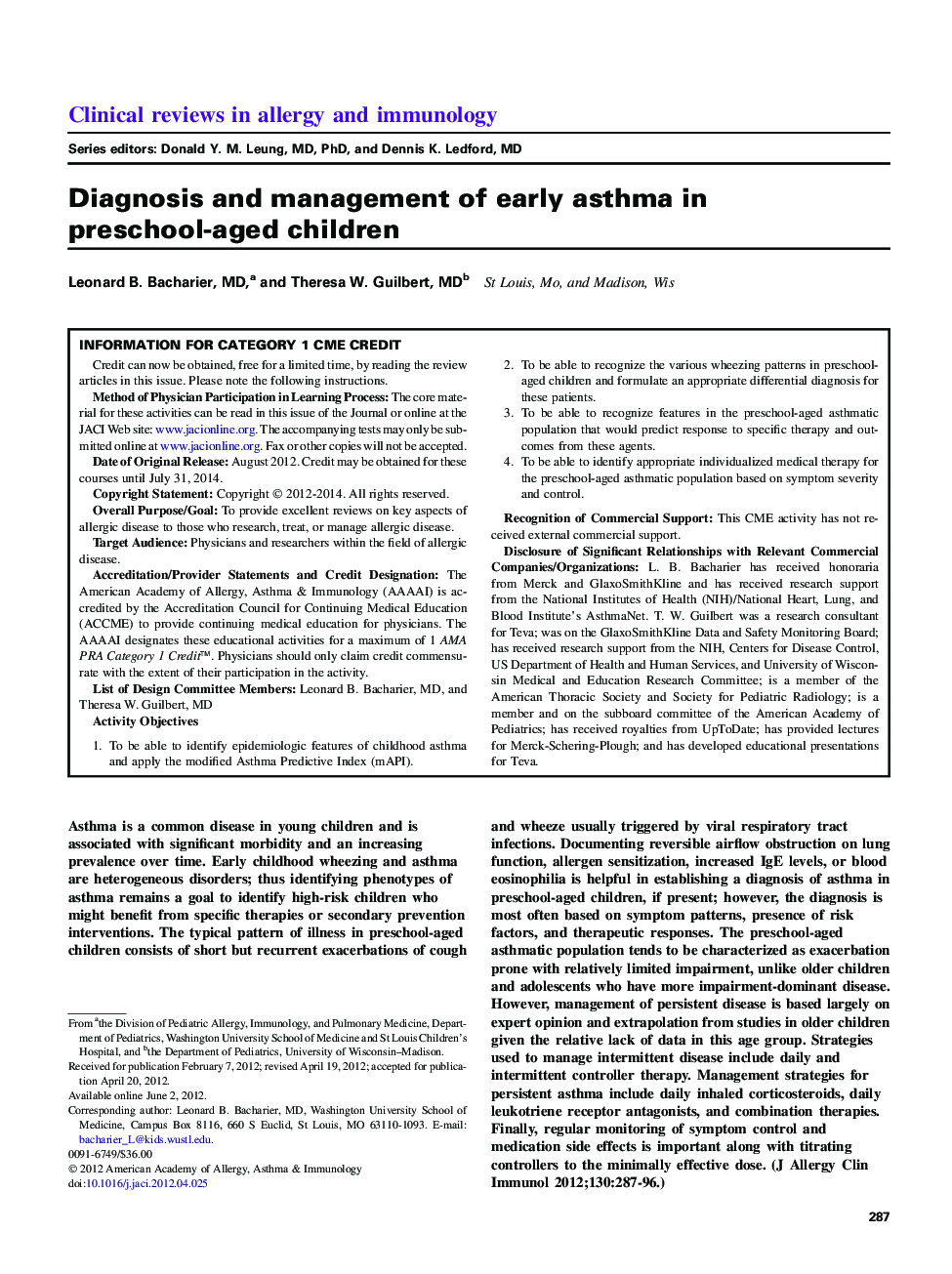 Diagnosis and management of early asthma in preschool-aged children 