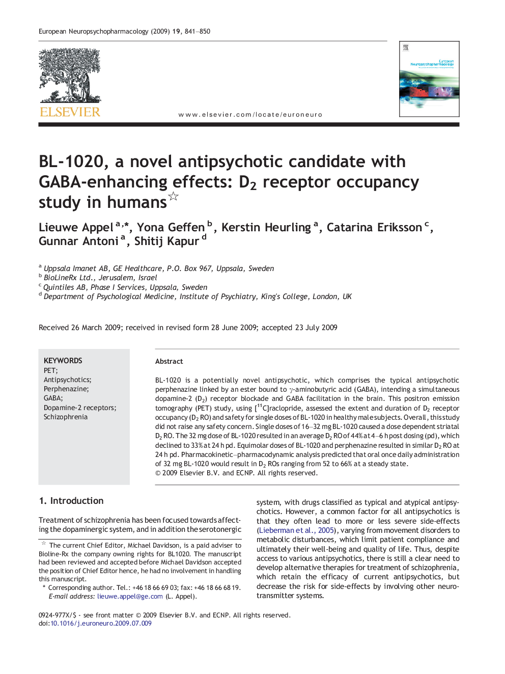 BL-1020, a novel antipsychotic candidate with GABA-enhancing effects: D2 receptor occupancy study in humans 