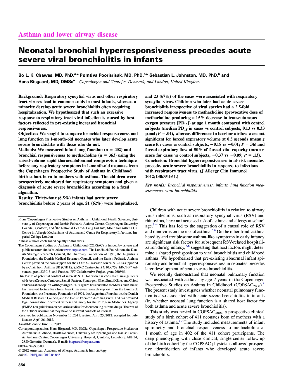 Neonatal bronchial hyperresponsiveness precedes acute severe viral bronchiolitis in infants