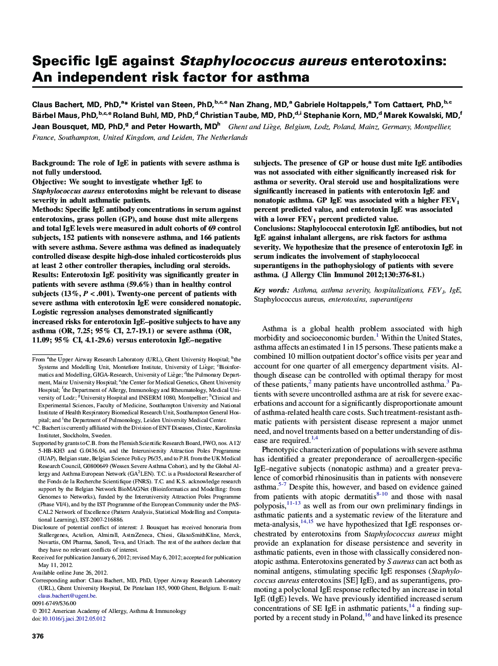 Specific IgE against Staphylococcus aureus enterotoxins: An independent risk factor for asthma