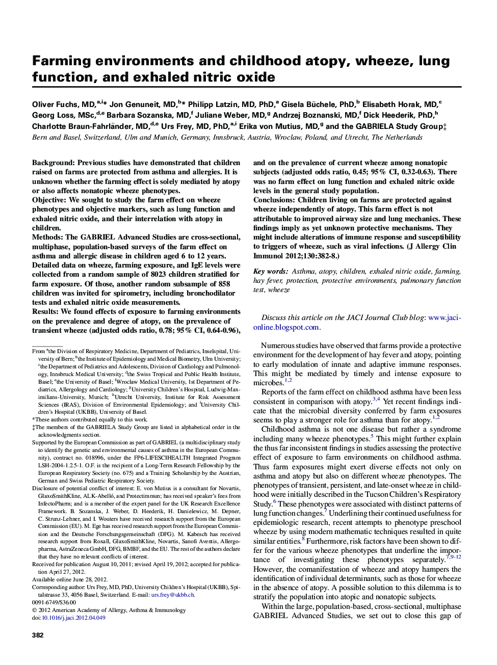 Farming environments and childhood atopy, wheeze, lung function, and exhaled nitric oxide