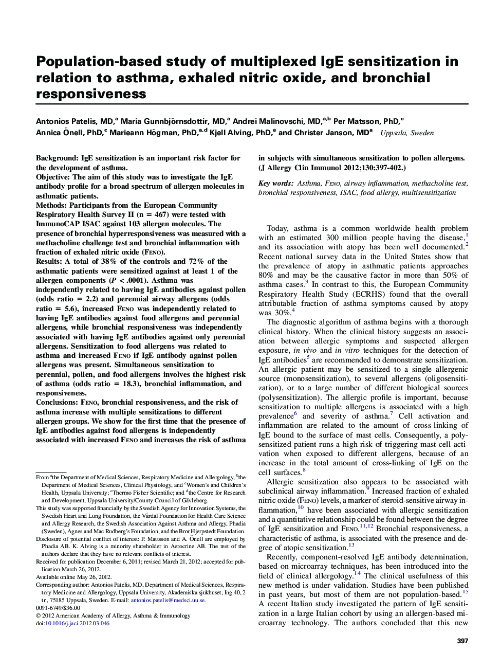 Population-based study of multiplexed IgE sensitization in relation to asthma, exhaled nitric oxide, and bronchial responsiveness