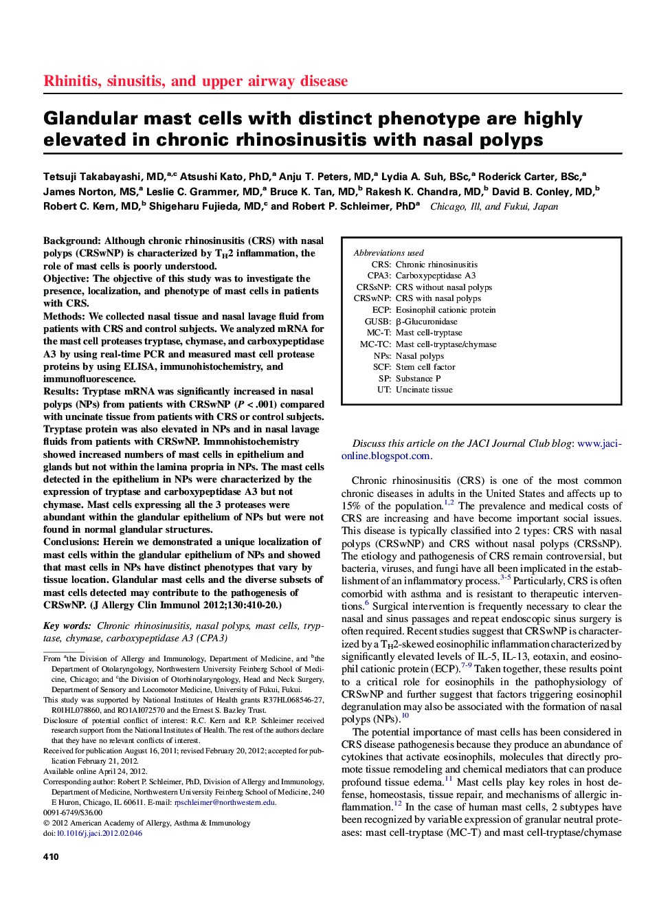 Glandular mast cells with distinct phenotype are highly elevated in chronic rhinosinusitis with nasal polyps