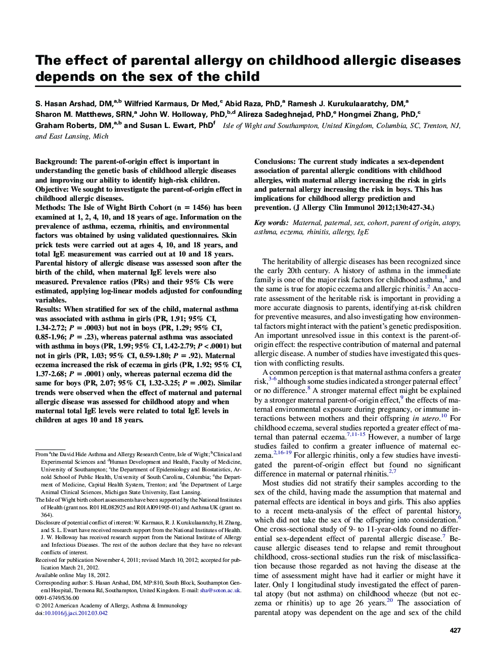 عکس صفحه اول مقاله: The effect of parental allergy on childhood allergic diseases depends on the sex of the child The effect of parental allergy on childhood allergic diseases depends on the sex of the child