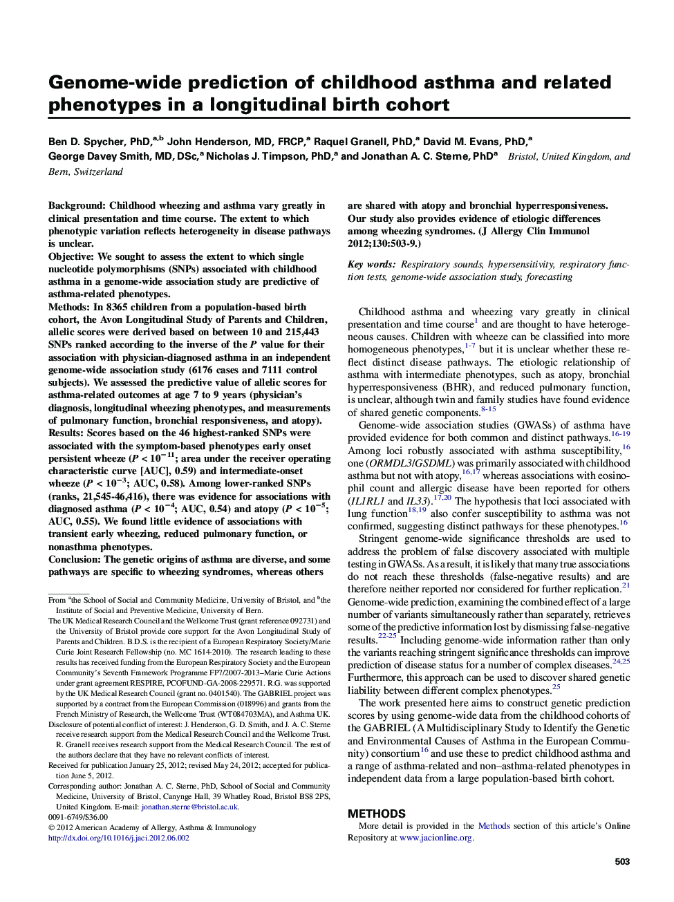 Genome-wide prediction of childhood asthma and related phenotypes in a longitudinal birth cohort