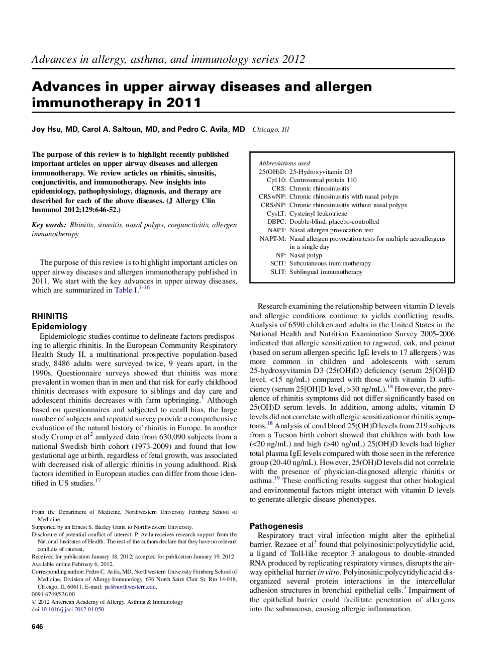 Advances in upper airway diseases and allergen immunotherapy in 2011 