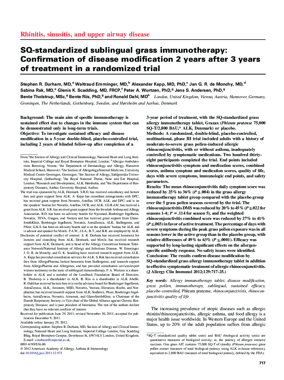 SQ-standardized sublingual grass immunotherapy: Confirmation of disease modification 2 years after 3 years ofÂ treatment in a randomized trial