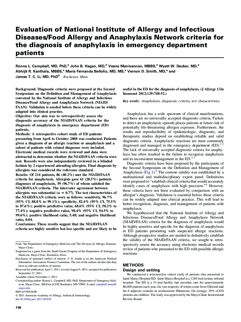 Evaluation of National Institute of Allergy and Infectious Diseases/Food Allergy and Anaphylaxis Network criteria for the diagnosis of anaphylaxis in emergency department patients 