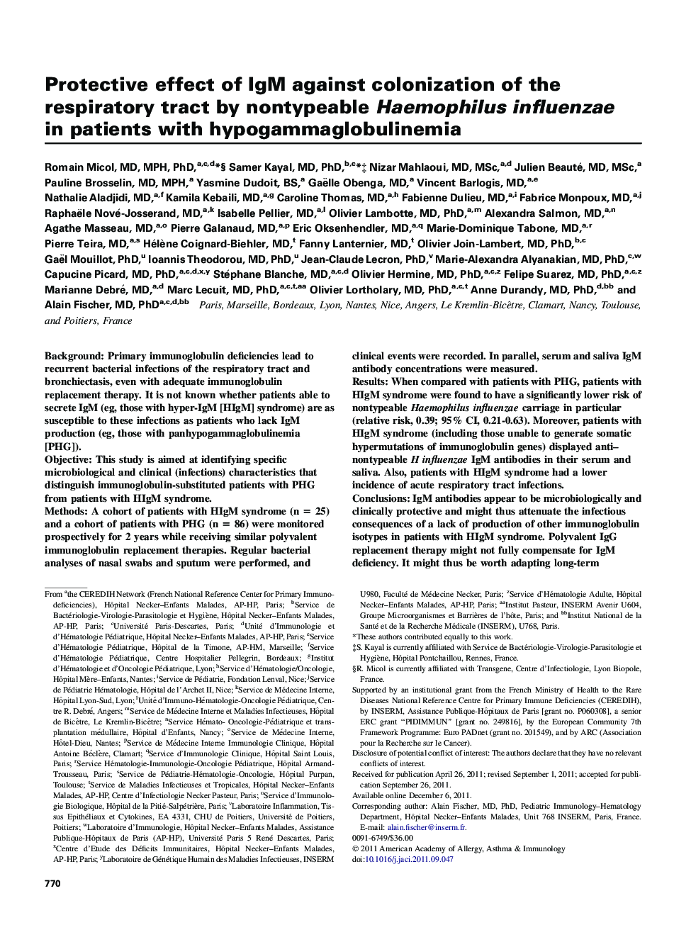 Protective effect of IgM against colonization of the respiratory tract by nontypeable Haemophilus influenzae in patients with hypogammaglobulinemia