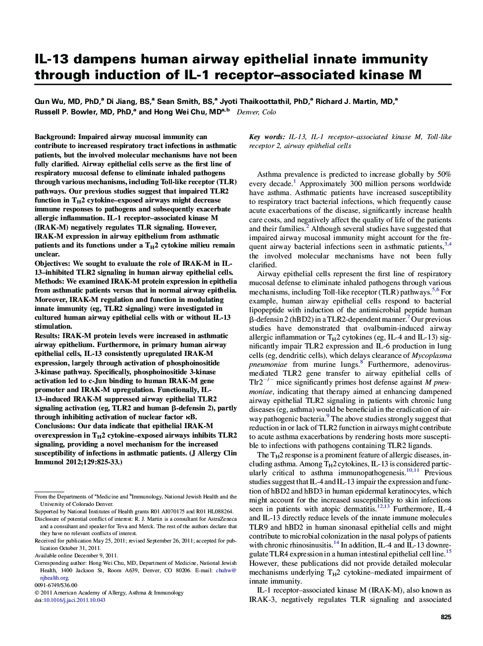 IL-13 dampens human airway epithelial innate immunity through induction of IL-1 receptor-associated kinase M