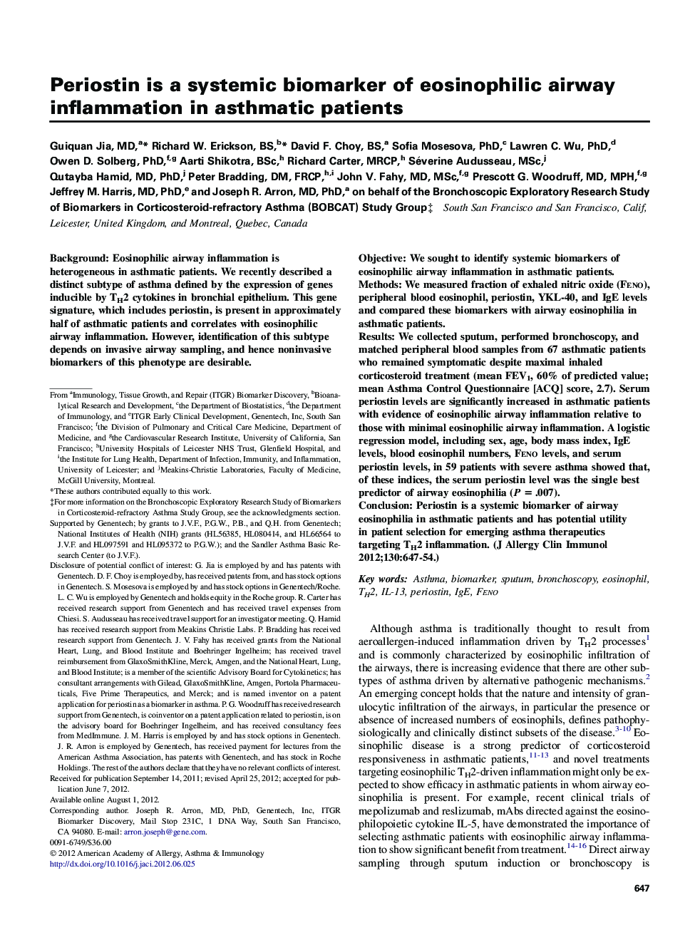 Periostin is a systemic biomarker of eosinophilic airway inflammation in asthmatic patients