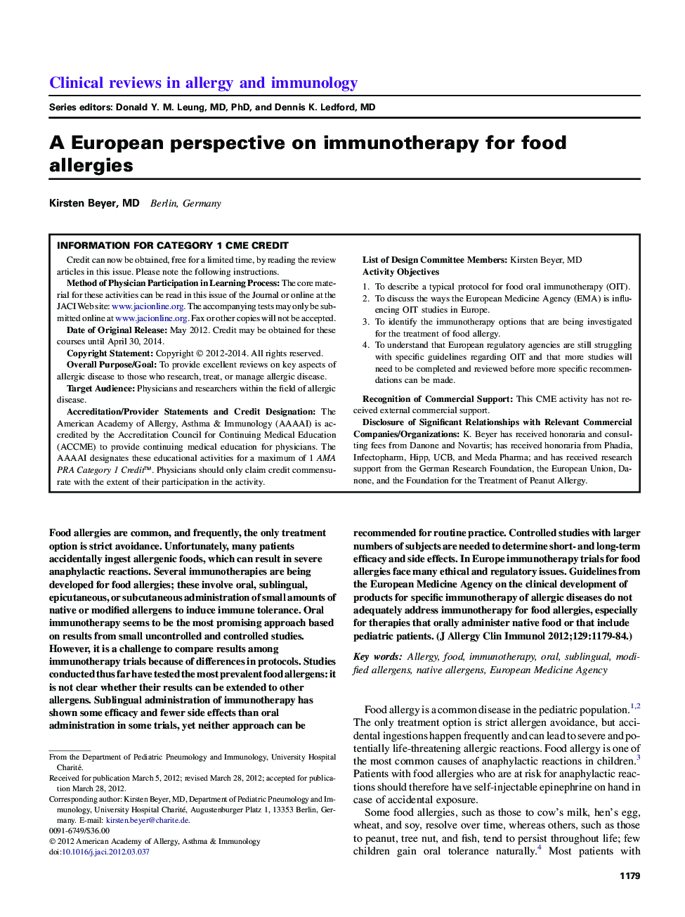 A European perspective on immunotherapy for food allergies 