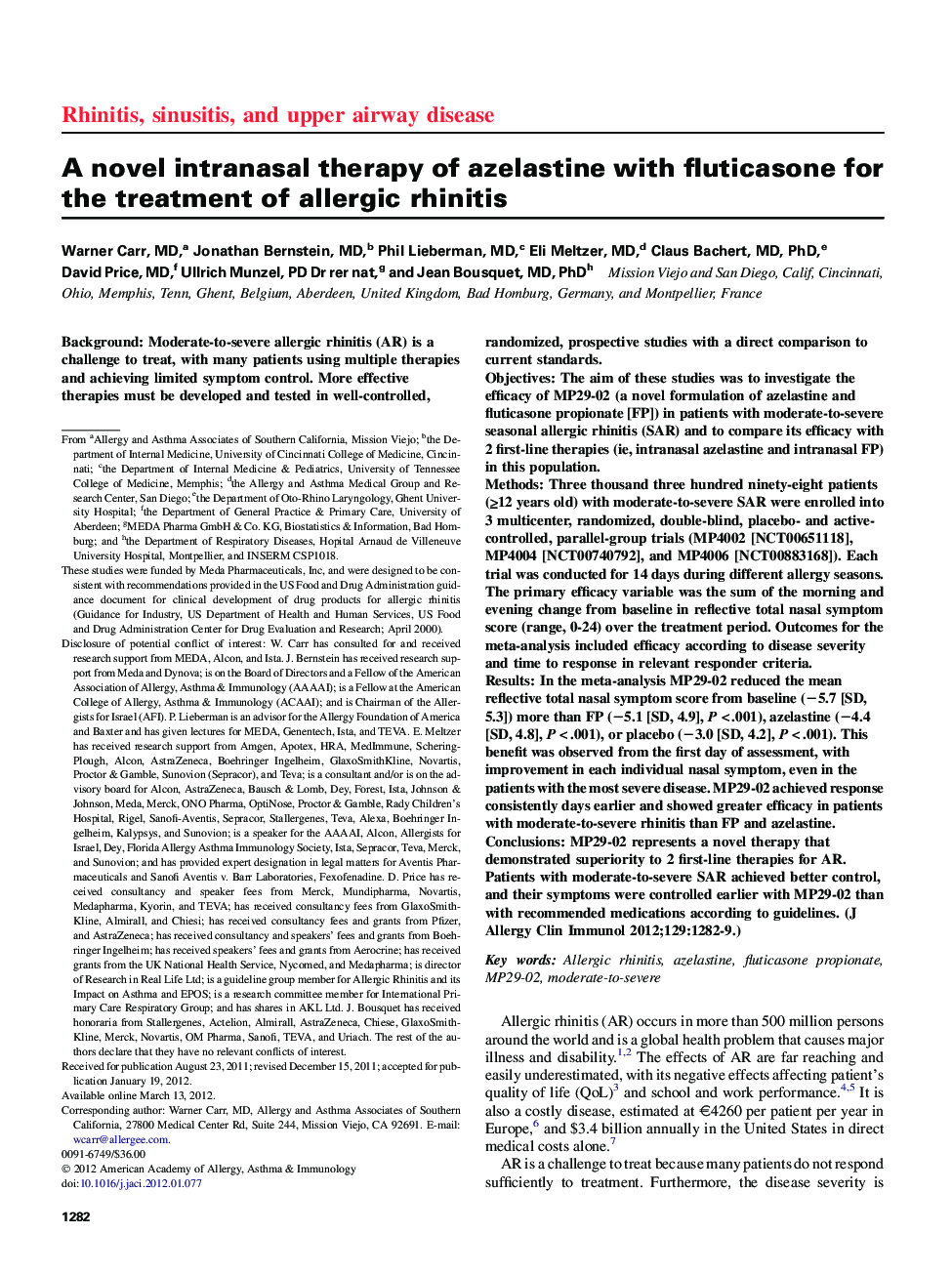 A novel intranasal therapy of azelastine with fluticasone for the treatment of allergic rhinitis