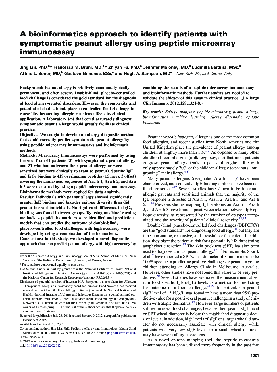 A bioinformatics approach to identify patients with symptomatic peanut allergy using peptide microarray immunoassay