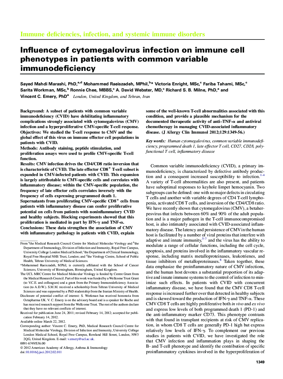 Influence of cytomegalovirus infection on immune cell phenotypes in patients with common variable immunodeficiency