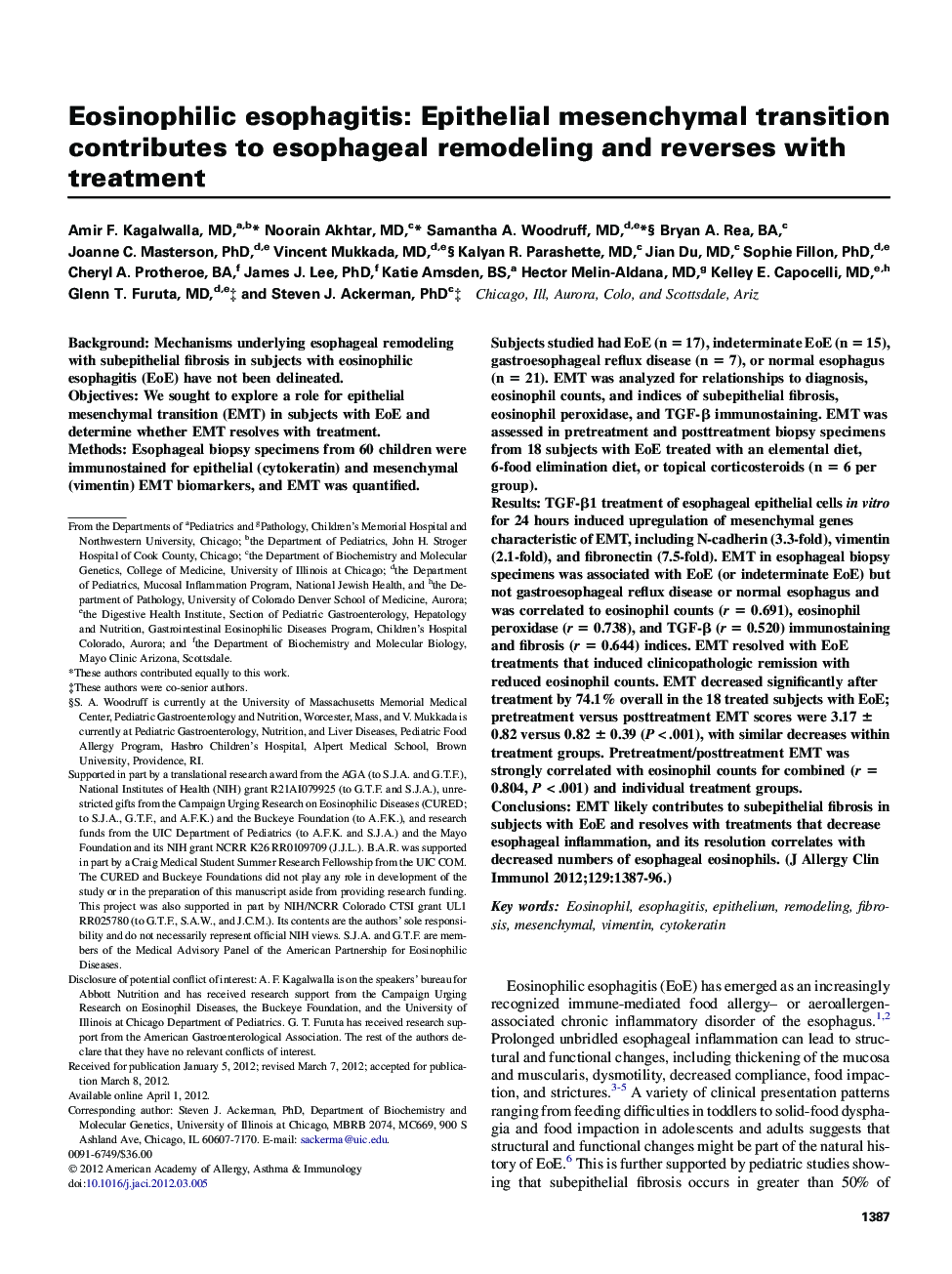 Eosinophilic esophagitis: Epithelial mesenchymal transition contributes to esophageal remodeling and reverses with treatment