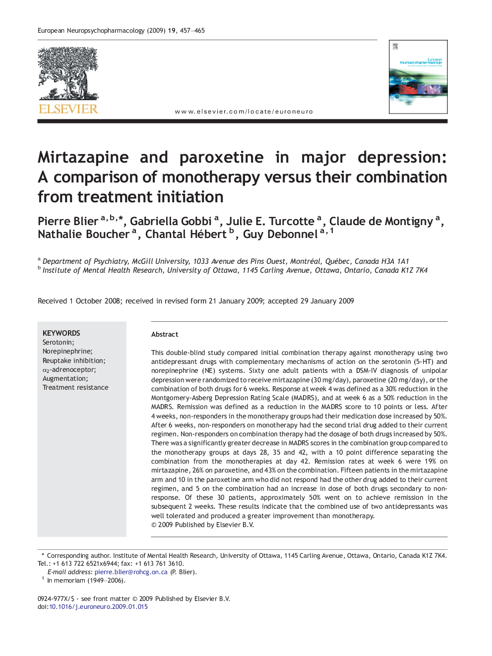 Mirtazapine and paroxetine in major depression: A comparison of monotherapy versus their combination from treatment initiation