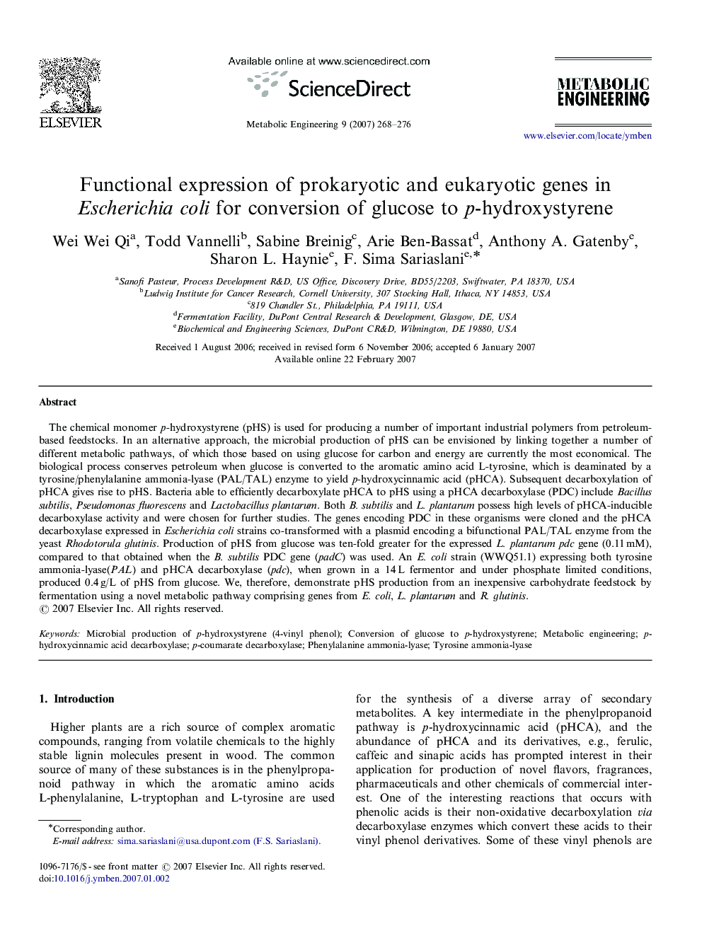 Functional expression of prokaryotic and eukaryotic genes in Escherichia coli   for conversion of glucose to pp-hydroxystyrene