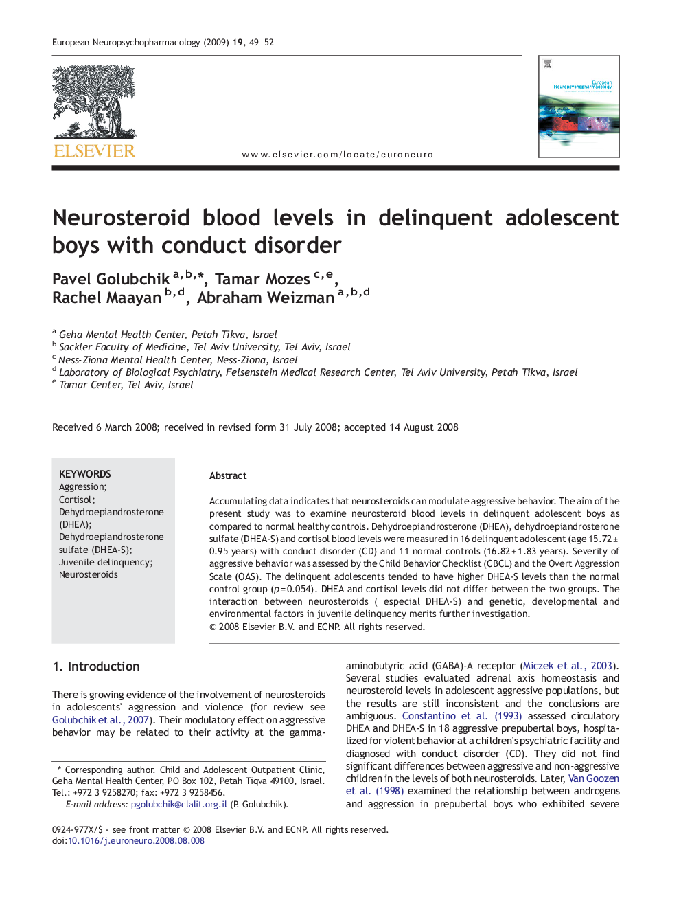 Neurosteroid blood levels in delinquent adolescent boys with conduct disorder