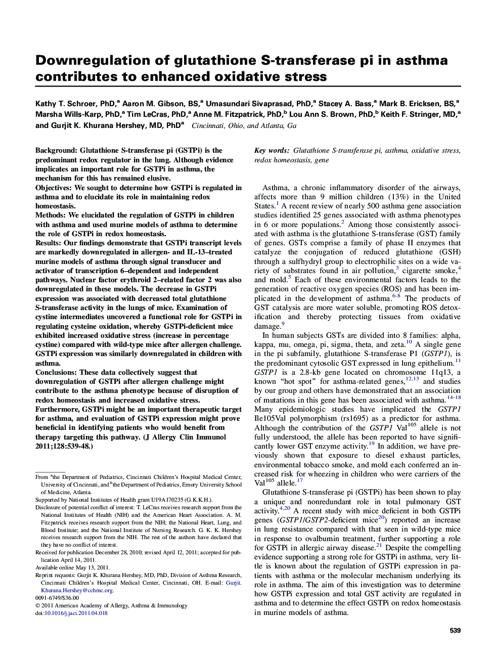 Downregulation of glutathione S-transferase pi in asthma contributes to enhanced oxidative stress 
