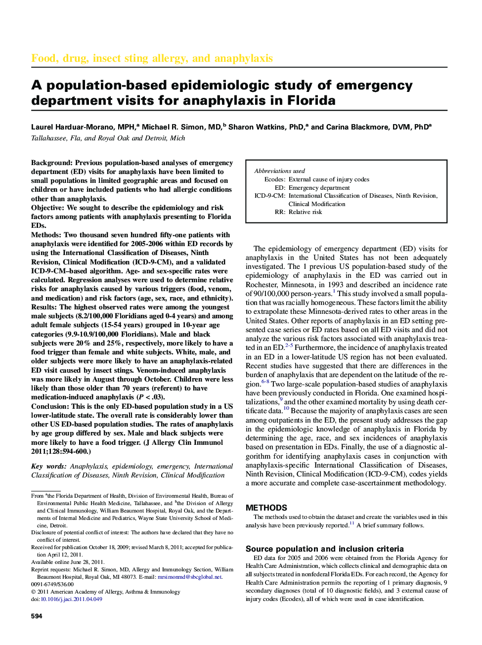 A population-based epidemiologic study of emergency department visits for anaphylaxis in Florida