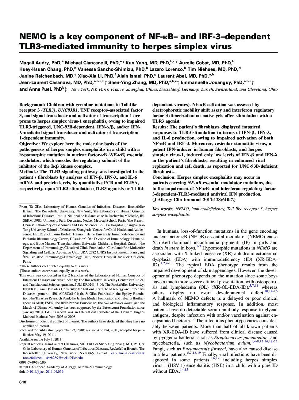 NEMO is a key component of NF-ÎºB- and IRF-3-dependent TLR3-mediated immunity to herpes simplex virus