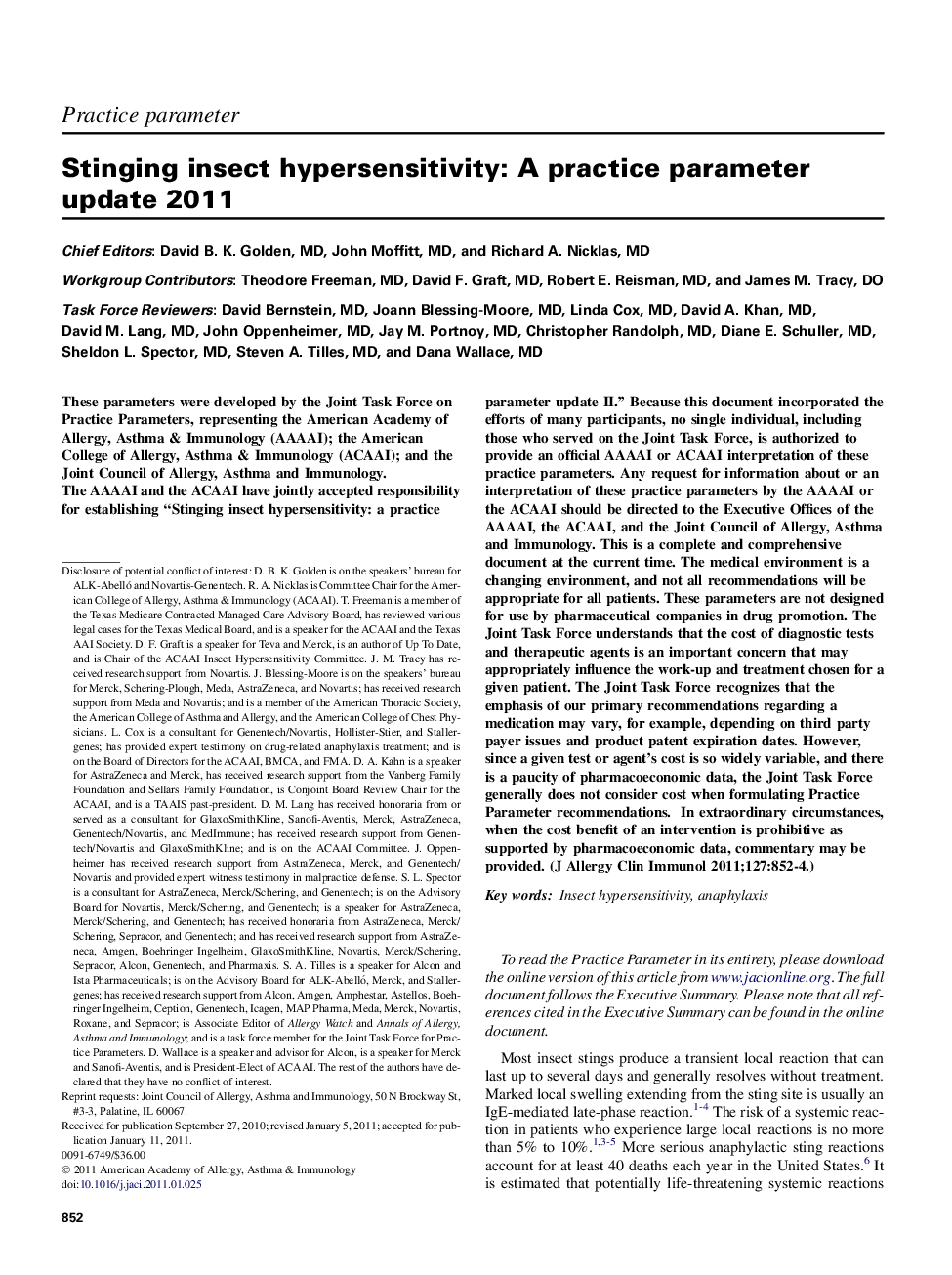 Stinging insect hypersensitivity: A practice parameter update 2011