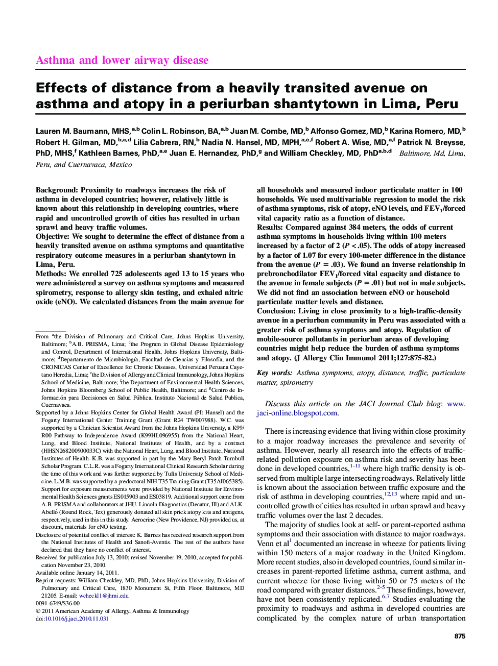 Effects of distance from a heavily transited avenue on asthma and atopy in a periurban shantytown in Lima, Peru 
