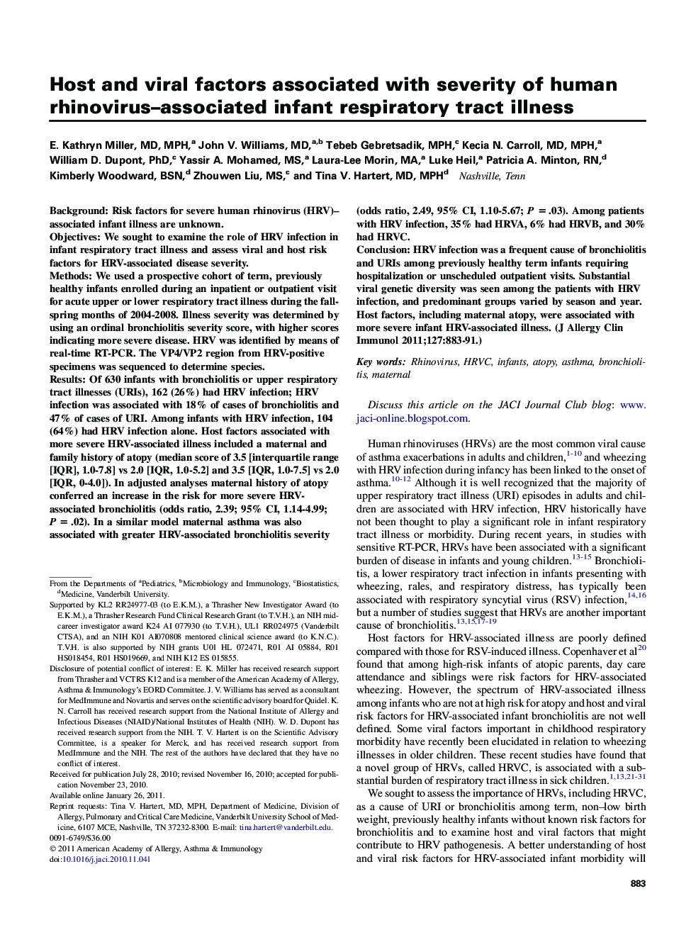 Host and viral factors associated with severity of human rhinovirus–associated infant respiratory tract illness 