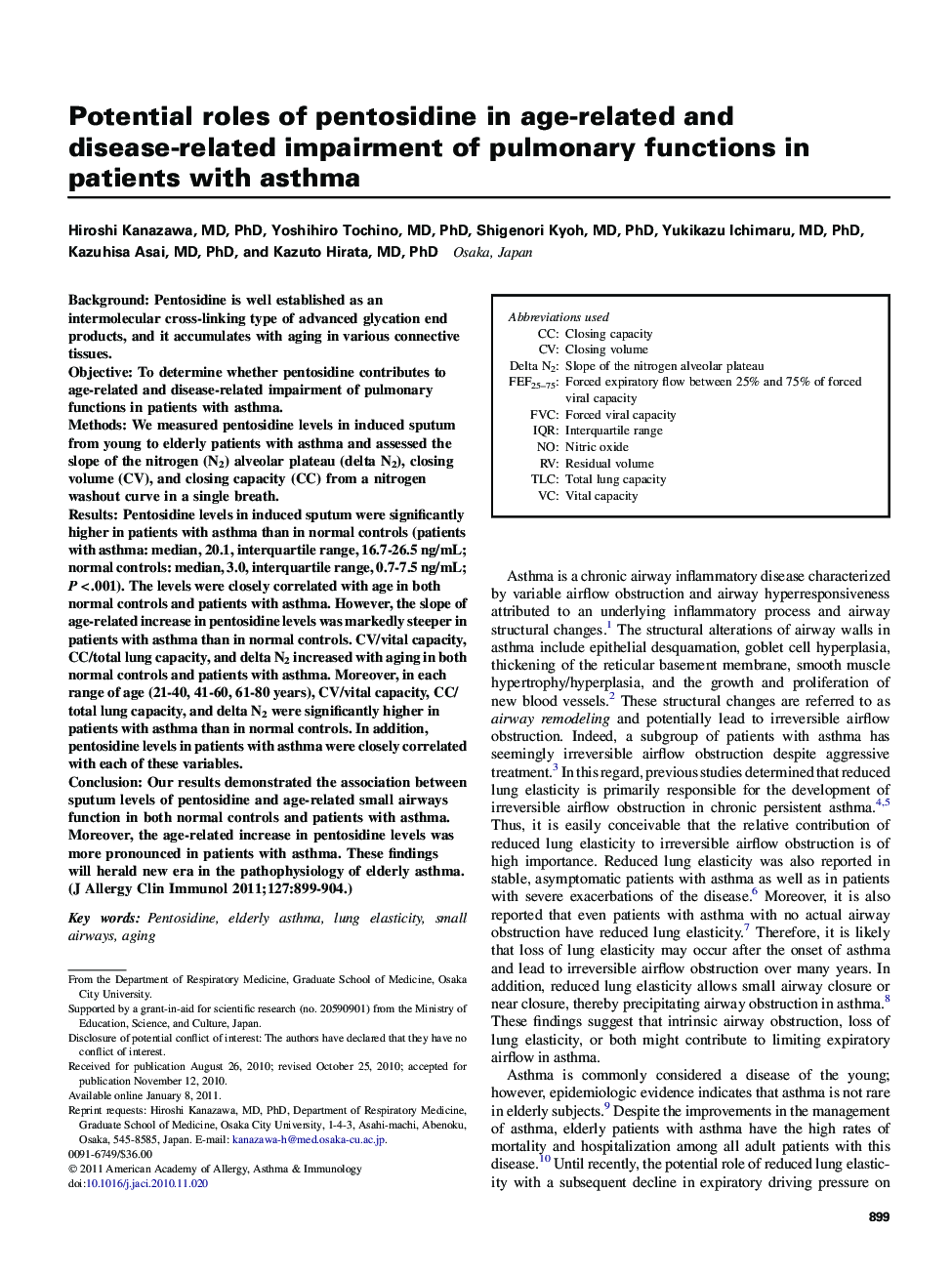 Potential roles of pentosidine in age-related and disease-related impairment of pulmonary functions in patients with asthma 