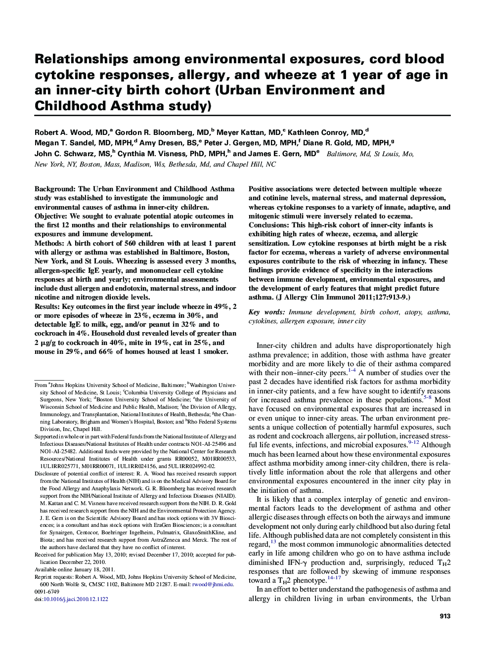Relationships among environmental exposures, cord blood cytokine responses, allergy, and wheeze at 1 year of age in an inner-city birth cohort (Urban Environment and Childhood Asthma study)