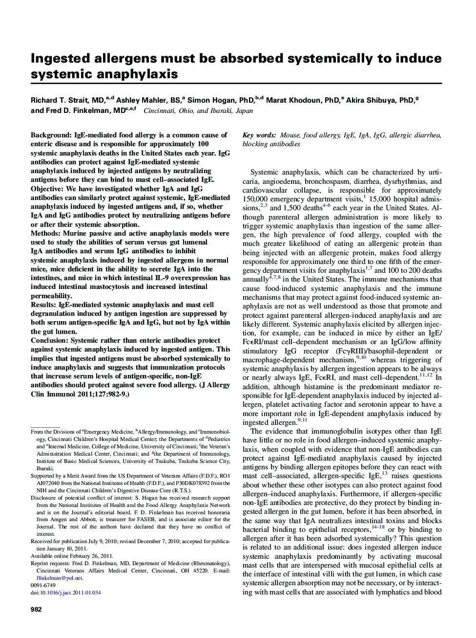 Ingested allergens must be absorbed systemically to induce systemic anaphylaxis