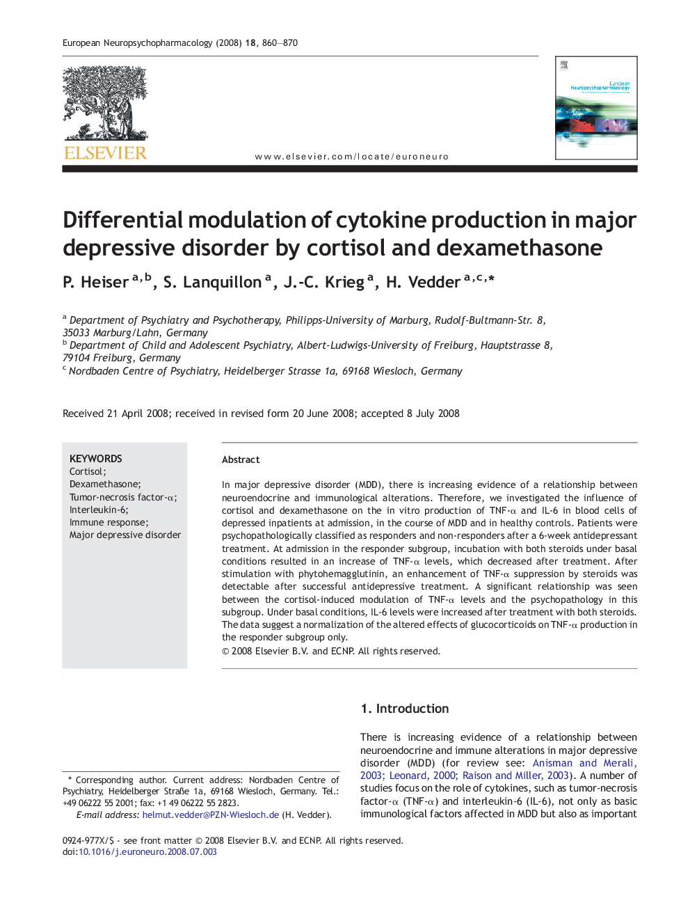 Differential modulation of cytokine production in major depressive disorder by cortisol and dexamethasone