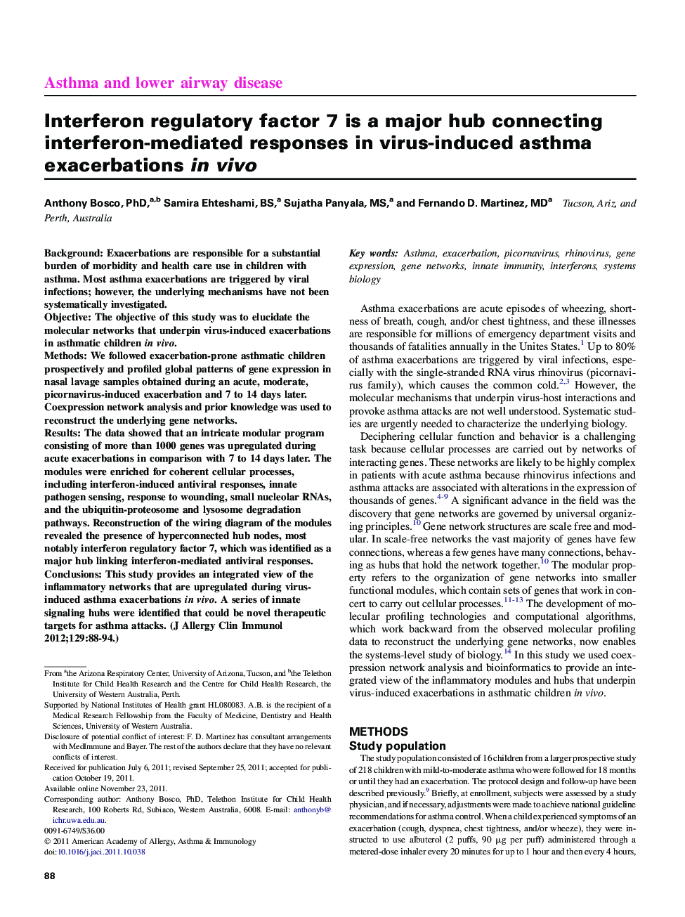 Interferon regulatory factor 7 is a major hub connecting interferon-mediated responses in virus-induced asthma exacerbations in vivo 
