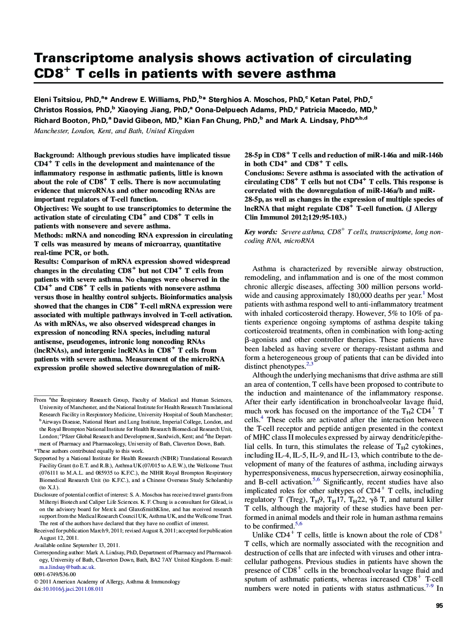 Transcriptome analysis shows activation of circulating CD8+ T cells in patients with severe asthma 