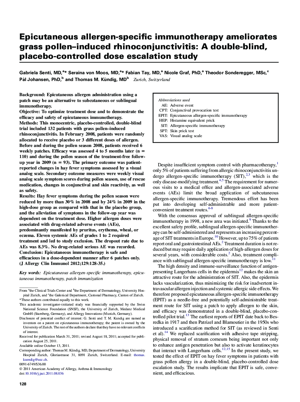 Epicutaneous allergen-specific immunotherapy ameliorates grass pollen–induced rhinoconjunctivitis: A double-blind, placebo-controlled dose escalation study 