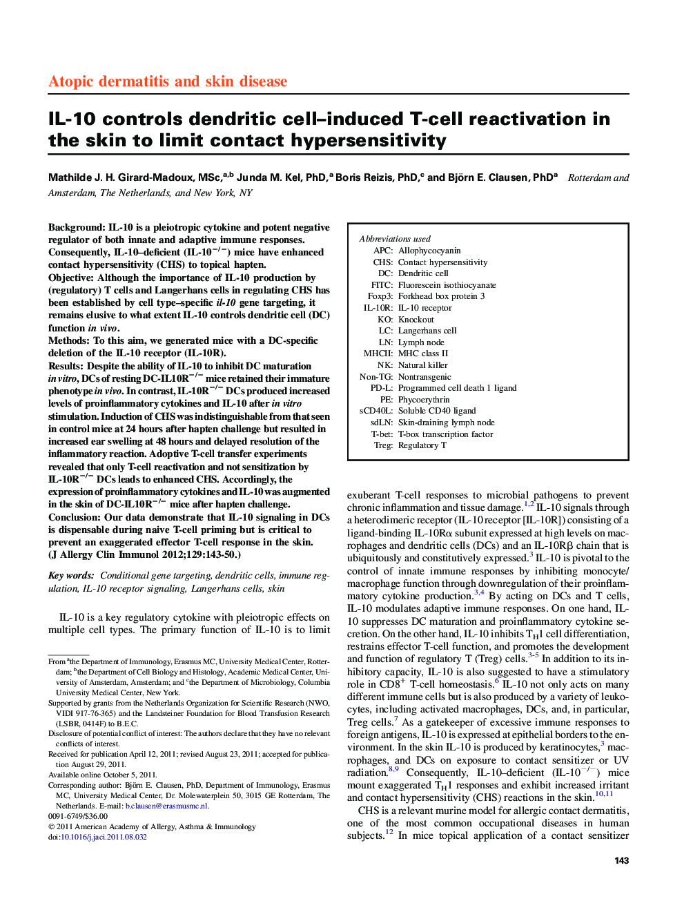 IL-10 controls dendritic cell-induced T-cell reactivation in the skin to limit contact hypersensitivity